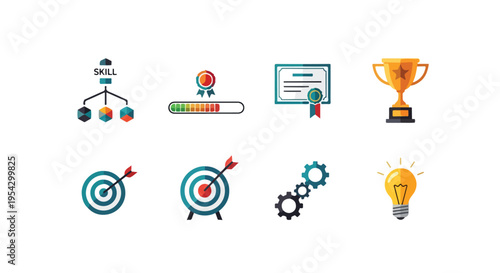 Set of 8 colorful skill development and success vector icons for business presentations and marketing