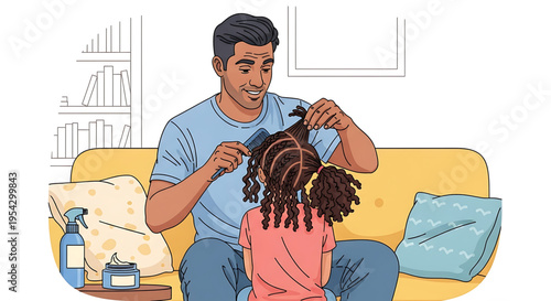 A loving father styling his daughter's hair on the couch in a cozy living room setting.