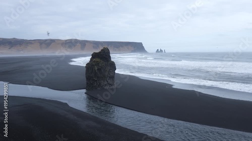 View on Reynisfjara and Black Sand Beach with Ocean in Iceland
