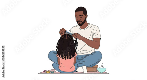 A father gently braids his daughter's hair on the floor with care and attention.