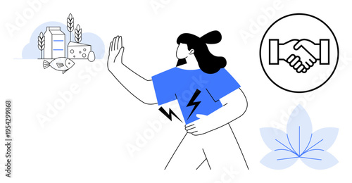 Food allergy concept. Food allergens with visual of milk and fish, woman avoiding triggers, and health symbols promoting wellbeing. Food allergy awareness and preventive living. For healthcare