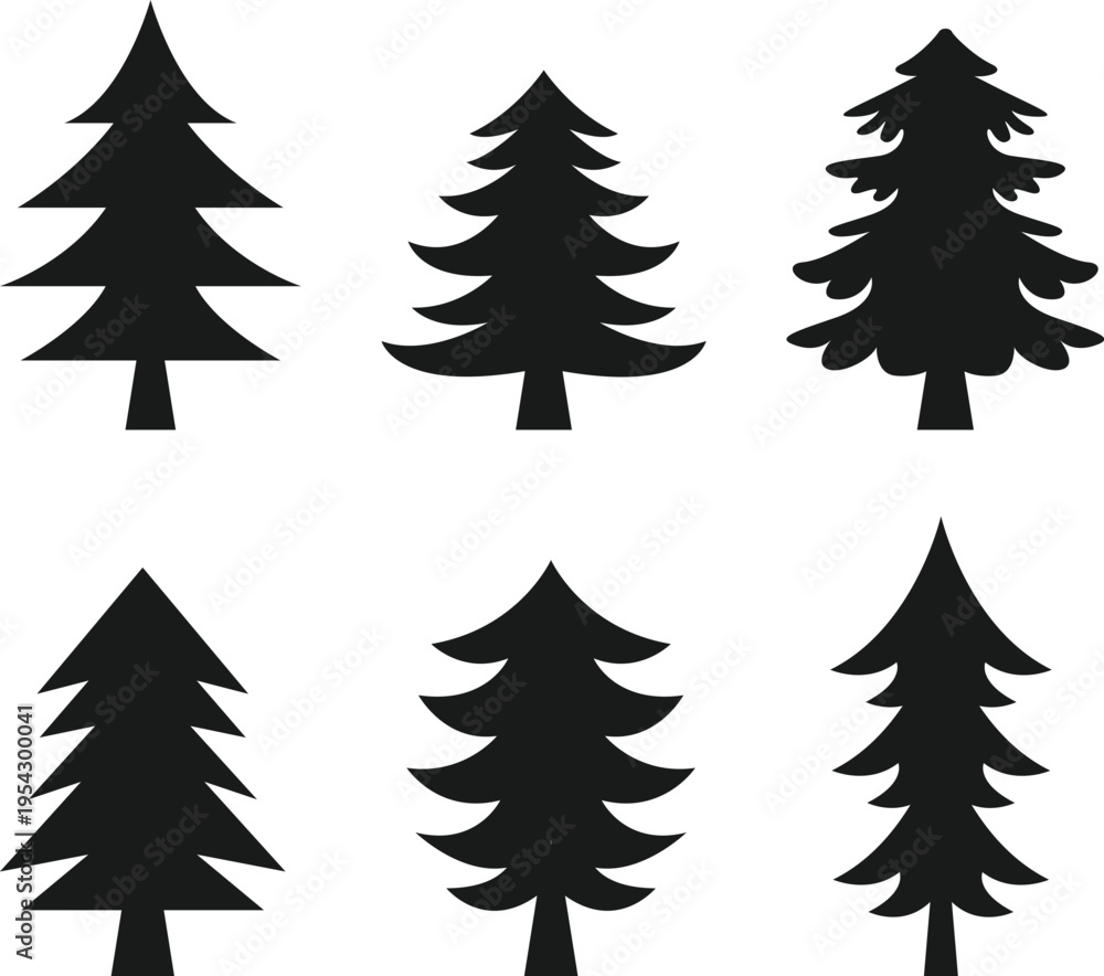 Fototapeta premium Set of six Christmas tree silhouette icons with different shapes and styles. Simple black tree silhouettes isolated on background, suitable for holiday and winter design projects.