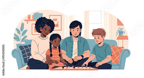 A diverse family of four sitting on a couch playing a board game together in a cozy living room with a modern minimalist design