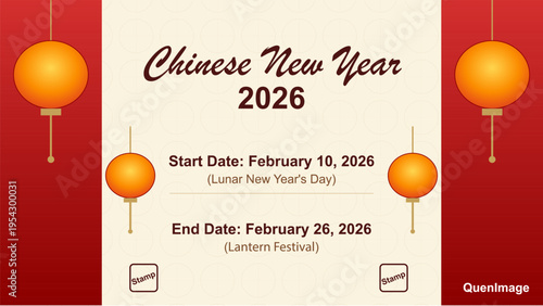 Chinese New Year 2026 vector illustration with start and end dates, featuring traditional orange lanterns on a red and cream background, ideal for cultural event promotion and festive designs