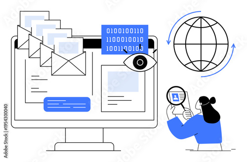 Data security concept. Data security email systems, binary code, and magnifying glass analysis. Data security protecting information in global networks. For tech, communication, privacy, and security