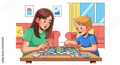 A cartoon illustration of a woman and a boy playing a board game together on a coffee table in a living room.