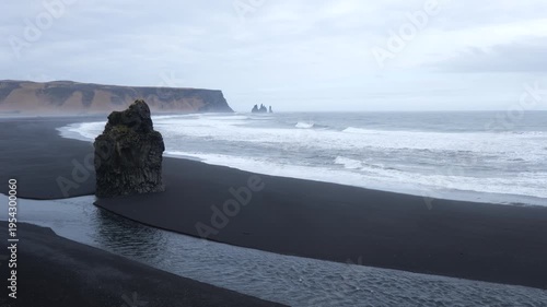 View on Reynisfjara and Black Sand Beach with Ocean in Iceland
