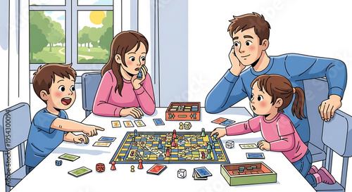 A family of four enjoys a board game together in a bright and cheerful room with a window overlooking a sunny outdoor scene.