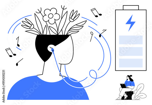 Music concept. Music inspires creativity and growth, by flowers and notes. Music aids relaxation, rejuvenating the mind and boosting mental energy. For wellness, productivity, creativity, lifestyle