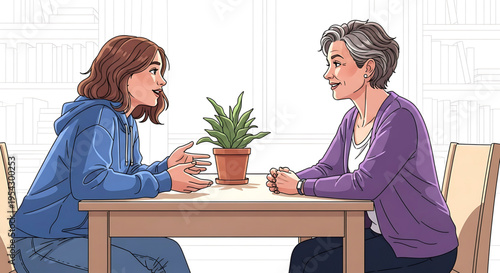 A vector graphic illustration of two women sitting at a table having a conversation