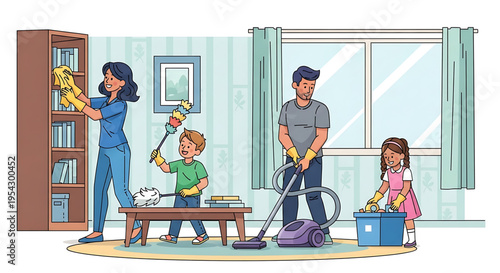 A family of four is engaged in cleaning their living room together