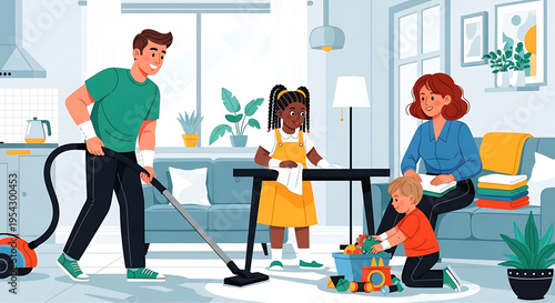 A happy family of four is cleaning and organizing their modern living room together