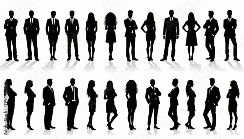 Business people silhouettes, group of standing business men and women , business team standing together
