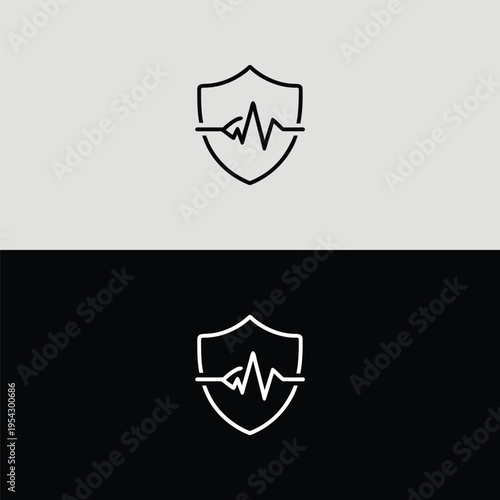 A refined black outline shield clearly frames a distinct EKG heartbeat line with stable segments, representing continuous, precise medical monitoring and secure health data management.