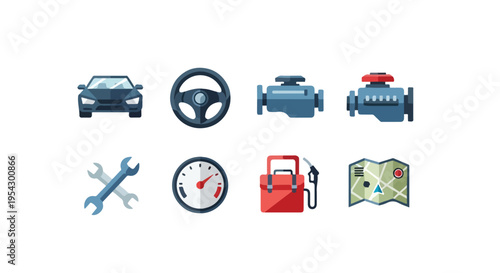 Set of 8 automotive service and car repair vector icons including engine, steering wheel, and map