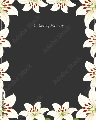 floral background with frame. Funeral floral invitation with black background 