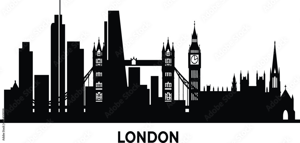 Naklejka premium London city skyline silhouette featuring Tower Bridge, Big Ben and historic architecture, famous United Kingdom landmarks urban cityscape vector illustration isolated on white backgroun