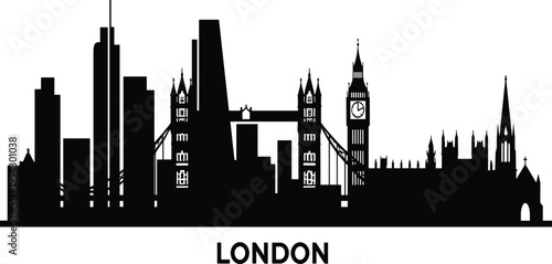 London city skyline silhouette featuring Tower Bridge, Big Ben and historic architecture, famous United Kingdom landmarks urban cityscape vector illustration isolated on white backgroun