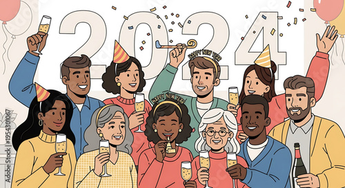 A diverse group of people celebrating the new year 2024 with champagne and party hats in a vibrant and festive vector illustration.