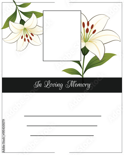 Funeral card with photo space and lily flowers. 