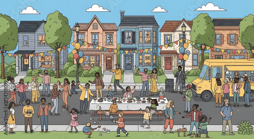 A vibrant community celebrates together in a residential neighborhood with a school bus and festive decorations