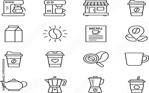 Minimal coffee and beverage icon collection featuring iced drink, steaming coffee cup, espresso machine, and tea cup symbols in simple black glyph style isolated on white background