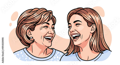 A vector graphic illustration of a happy mother and daughter smiling at each other in a modern flat design style