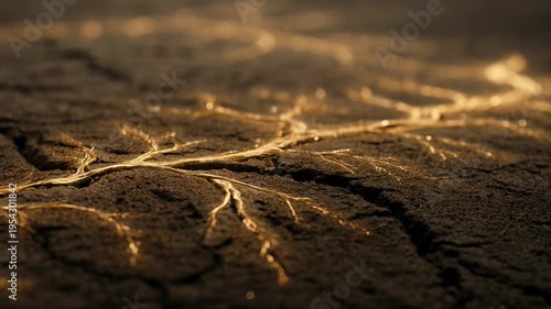 Macro view of glowing golden veins spreading and flowing through deep cracks in dark parched earth, representing energy and life restorative power in a mystical abstract landscape.