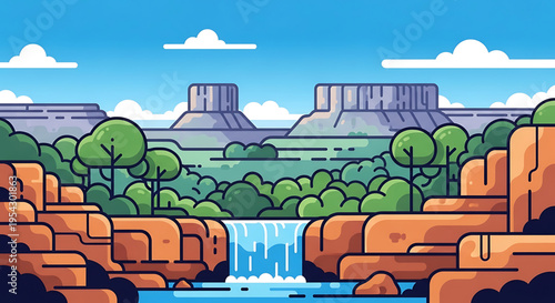 A vibrant cartoon illustration of a serene landscape with a waterfall and rocky cliffs