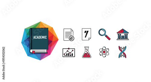 Set of 9 academic and education vector icons with book, document, search, and science symbols