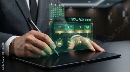 Financial analyst using tablet and stylus to manage Fiscal Forecast hologram interface for corporate quarterly budget planning, Q1-Q4 revenue projection and economic data analysis