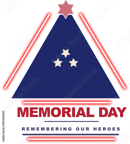 Memorial Day vector graphic with a dark blue triangular flag, three white stars, and a red star at the apex, framed by glowing red lines, featuring text "MEMORIAL DAY" and "REMEMBERING OUR