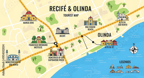 A colorful vector graphic illustration of a tourist map of Recife and Olinda, Brazil