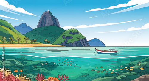 A vibrant vector illustration of a tropical beach scene with a boat and coral reef