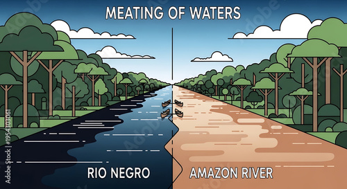 An illustration depicting the meeting of waters where the dark Rio Negro and the light Amazon River flow together