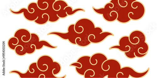 A collection of traditional chinese style red and gold decorative swirl clouds in various shapes Vector