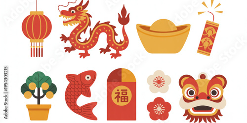 Collection of decorative icons representing traditional elements of the chinese lunar new year Vector