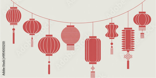 A collection of various traditional red chinese lanterns hanging from a decorative string line Vector