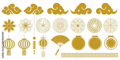 A collection of traditional golden chinese decorative elements featuring clouds lanterns and fans Vector