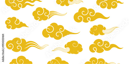 A collection of traditional golden chinese style clouds with swirling patterns and linear details Vector