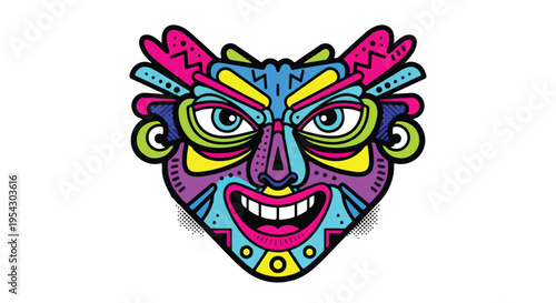 Gen Z tribal mask illustration, playful abstract mask with bright neon colors and funky shapes, exaggerated features, bold thick outlines, trendy youth aesthetic, flat vector style