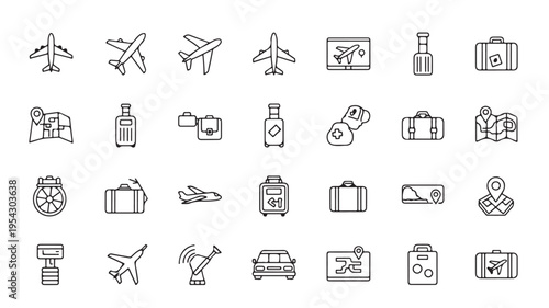 Collection of minimalist travel and aviation icons for journeys and holidays