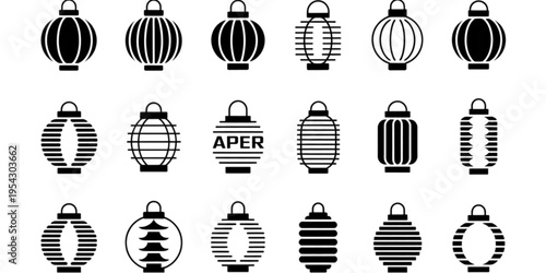 A comprehensive collection of diverse traditional asian style lantern icons in black and white style Vector