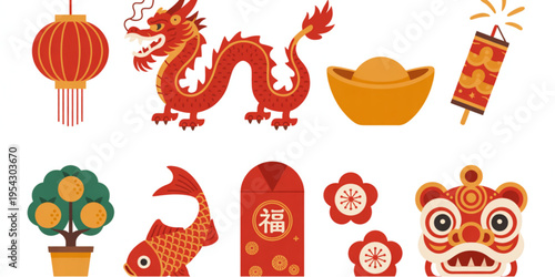 Collection of traditional lunar new year icons featuring a dragon and various festive symbols Vector