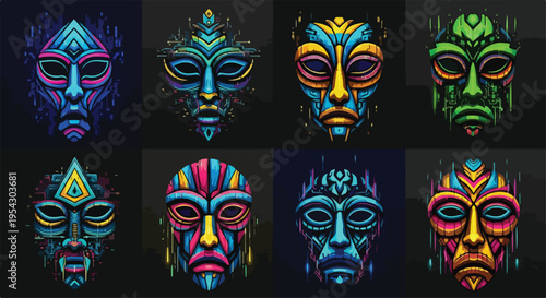 Futuristic tribal mask pack, 9 masks combining tribal motifs with glitch and cyber elements, neon colors, dark background, high contrast vector