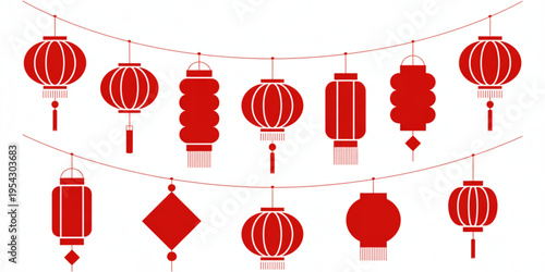 A collection of red chinese lanterns hanging in a festive row for traditional lunar celebrations Vector