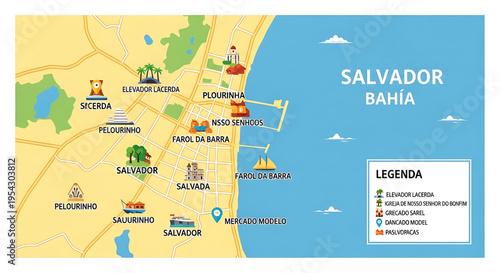 A colorful vector map illustration of Salvador, Bahia, Brazil, featuring various landmarks and icons.