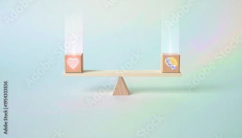 Heart and brain balanced on wooden scale