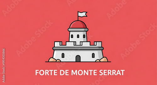 A minimalist vector illustration of a fort with a red dome and flag on a red background