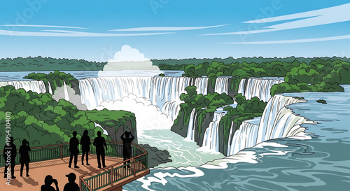 A vector graphic illustration of people viewing a large waterfall from a scenic overlook